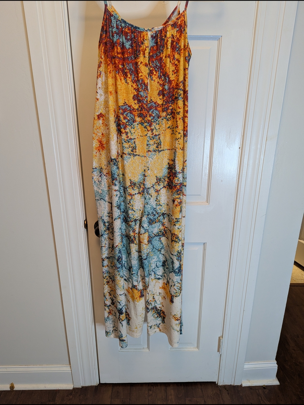 Vibrant Marble-Print Jumpsuit in Yellow, Orange & Blue S/M/L